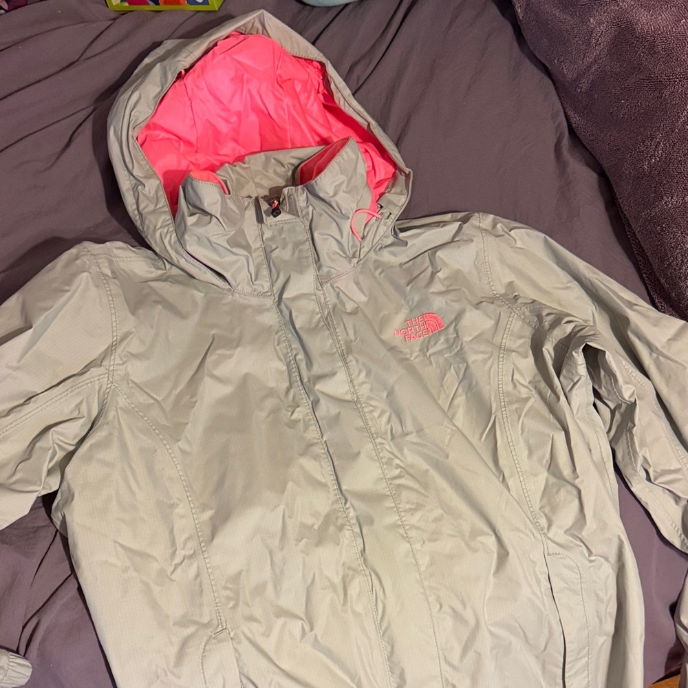 The North Face Light Gray Jacket with Neon Pink Hood